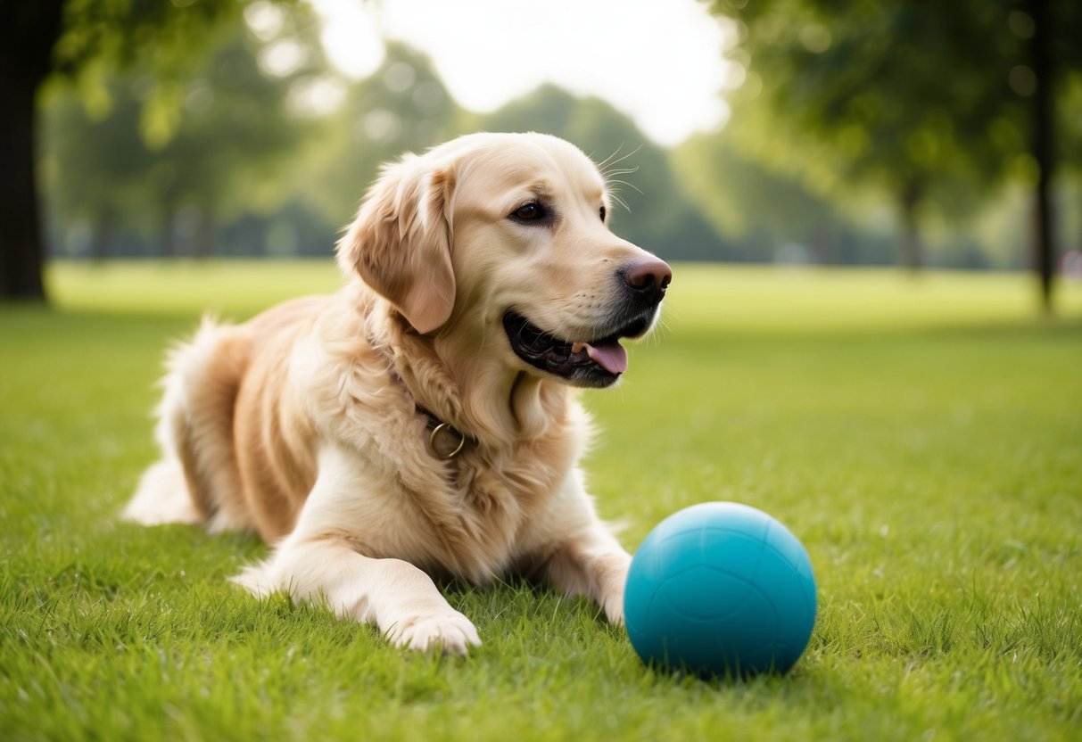 A golden retriever peacefully playing with a ball in a grassy park