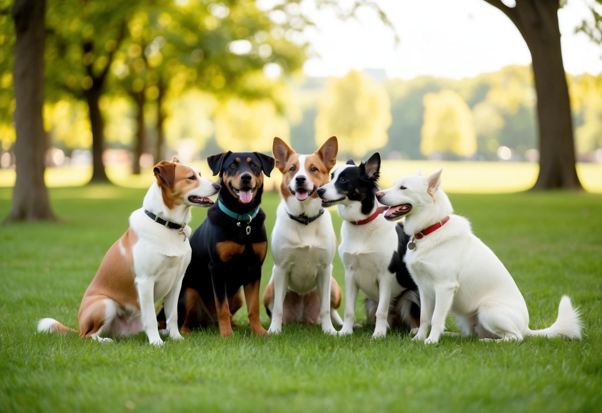 A group of calm dogs of various breeds interacting peacefully in a park setting
