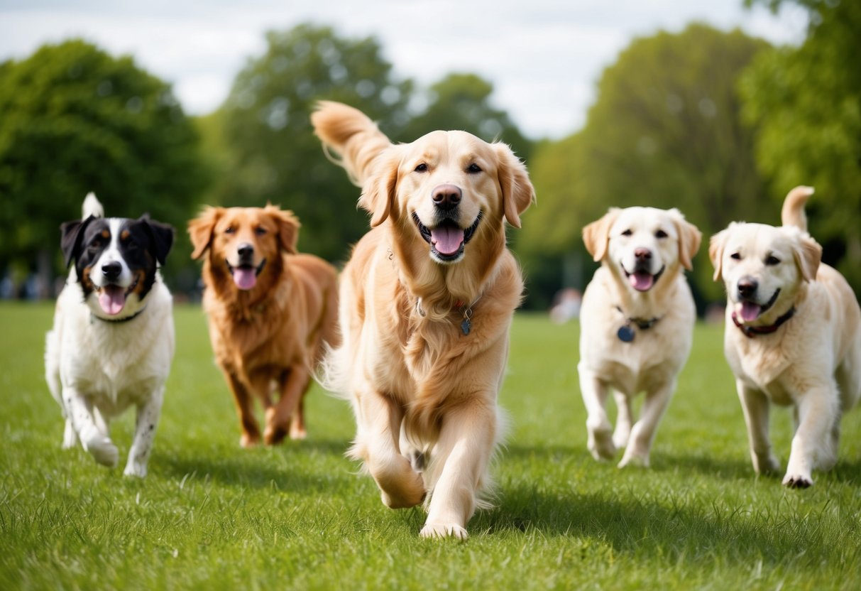 A happy, healthy Golden Retriever playing in a grassy park, surrounded by other friendly dogs of various breeds
