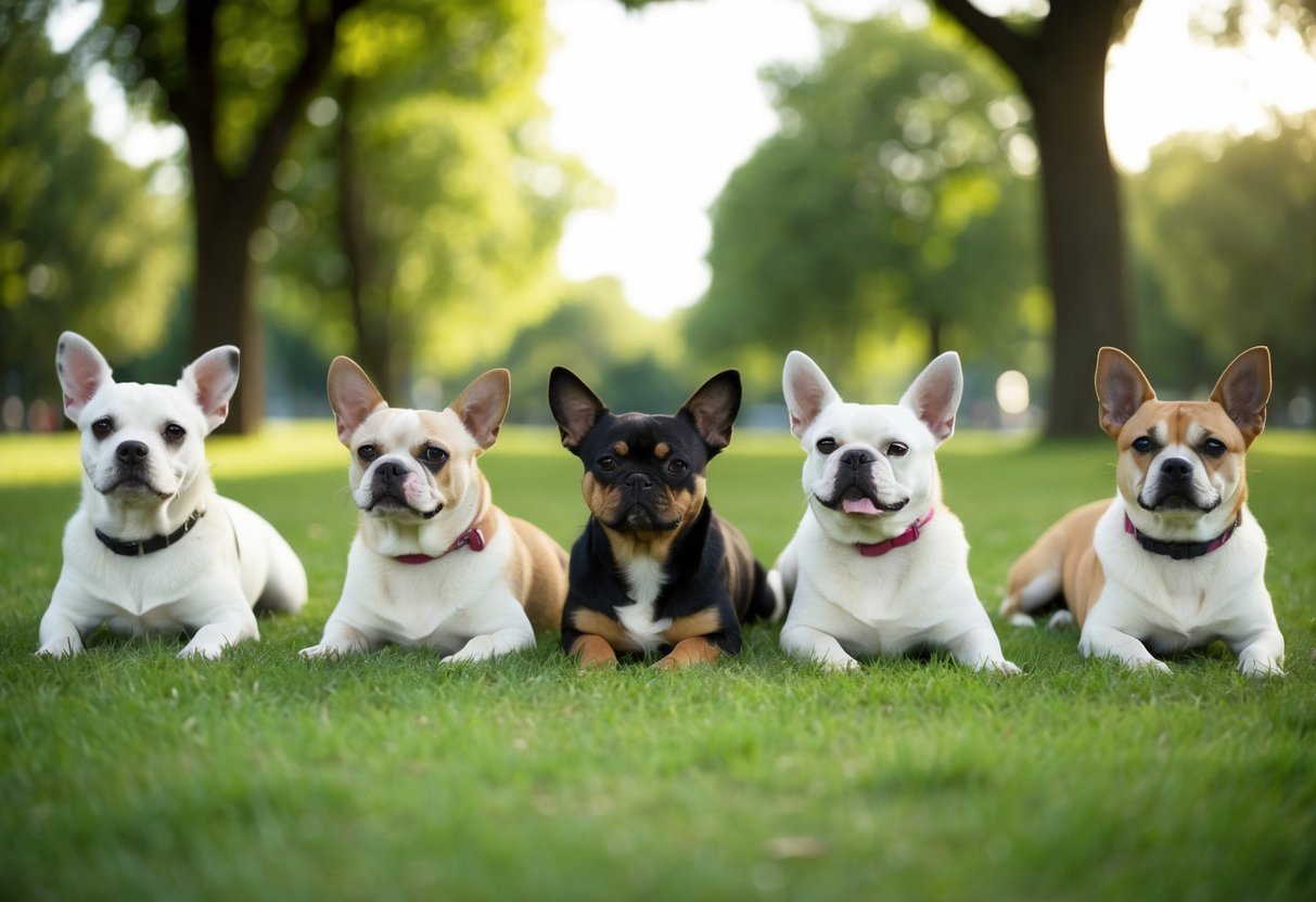 A group of calm, small to medium-sized dogs lounging peacefully in a park, showing no signs of aggression or tension