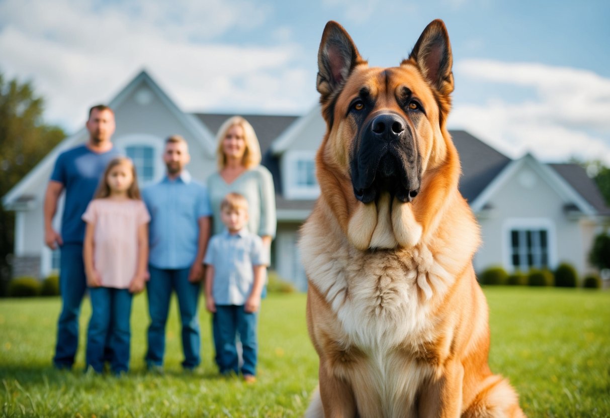 A large, powerful dog stands guard in front of a family, its ears perked and eyes alert, ready to protect and defend its loved ones