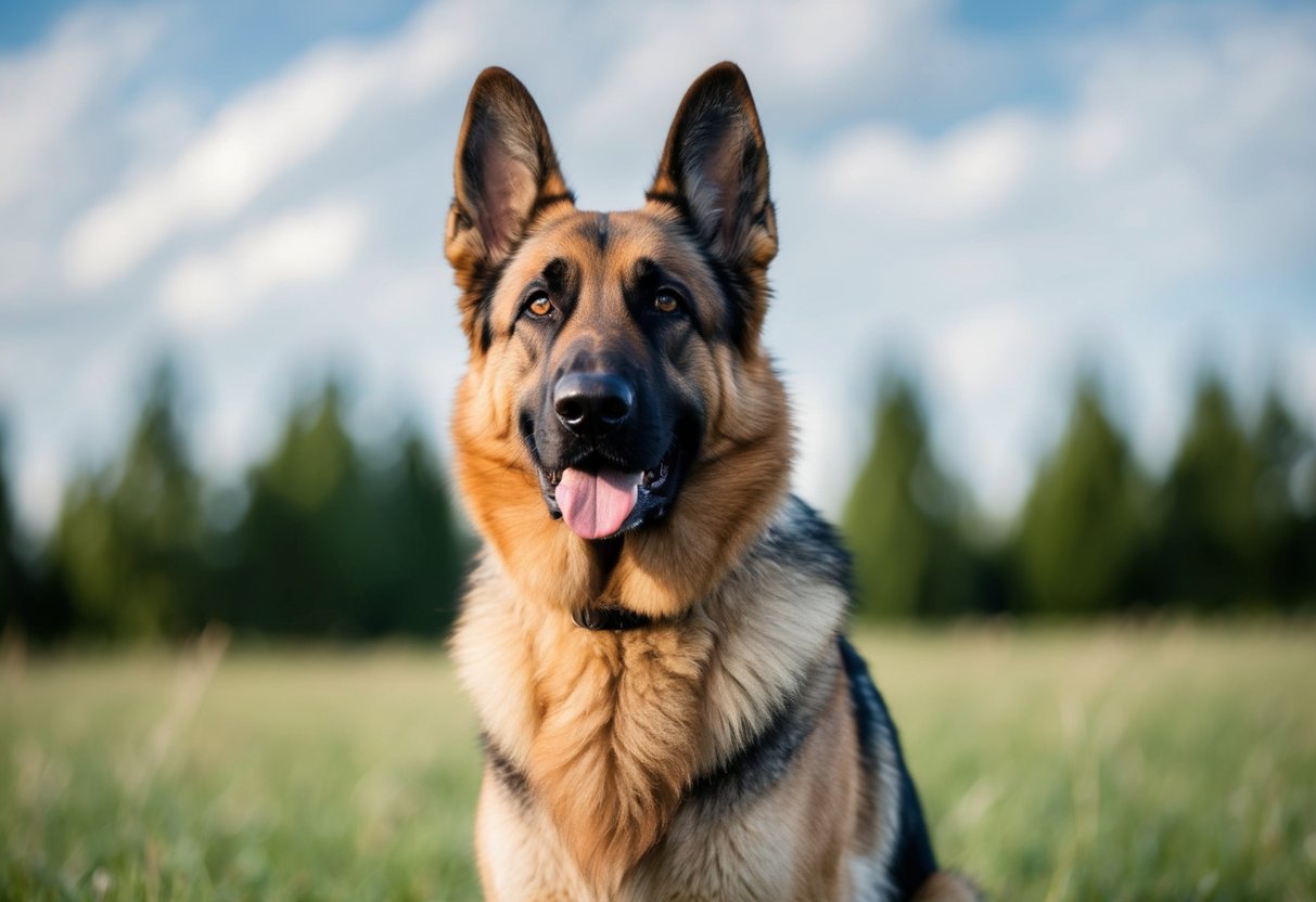 A large, alert German Shepherd stands guard, ears perked and eyes focused, ready to protect its family with unwavering loyalty