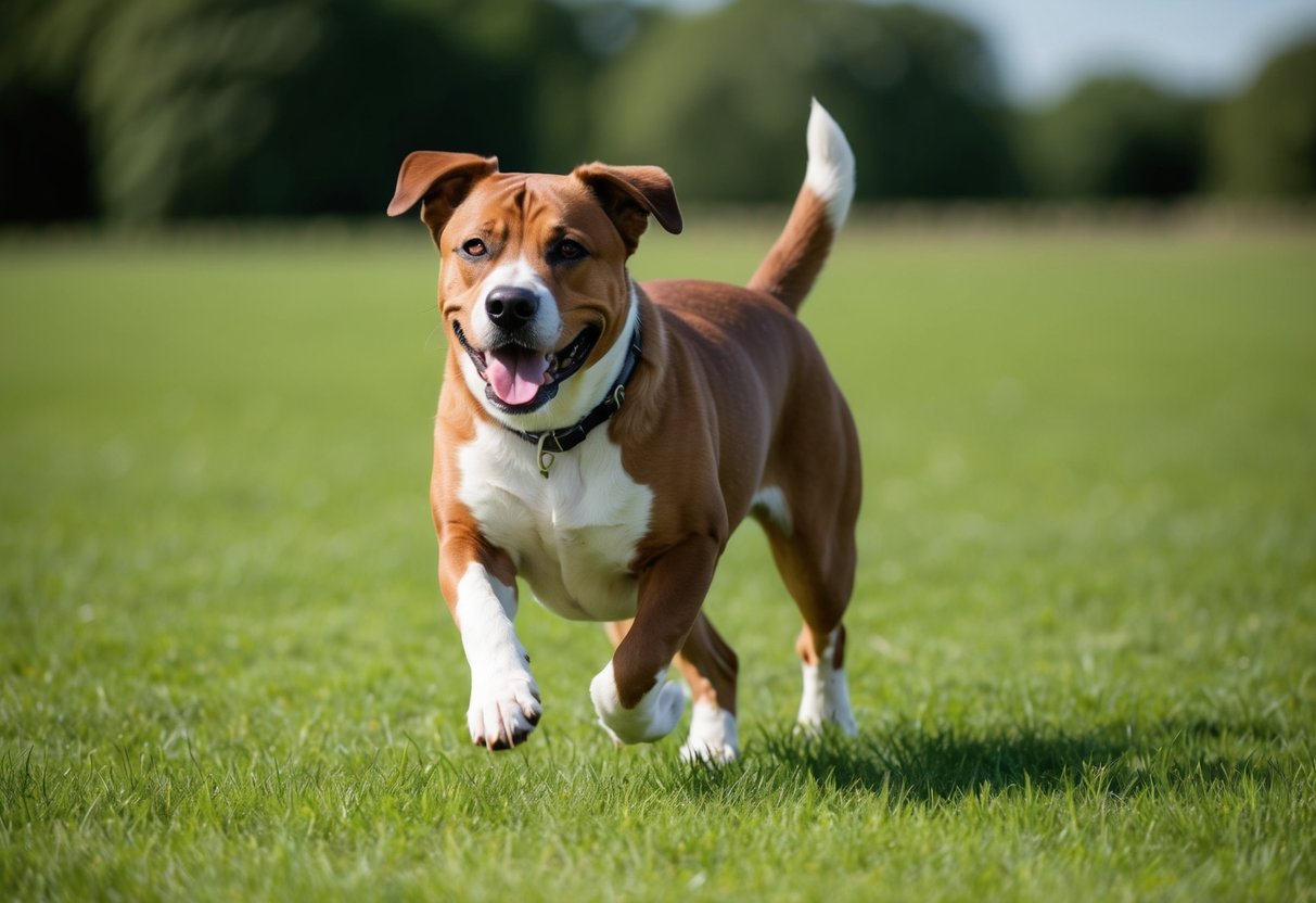 A happy, healthy dog of a robust breed, with a shiny coat and bright eyes, playing and running in a green, open field