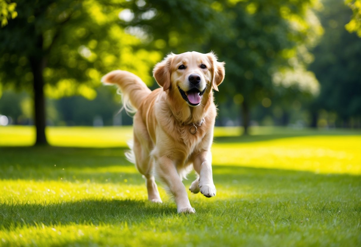 A happy, healthy Golden Retriever playing in a lush, green park with a shiny coat and energetic demeanor