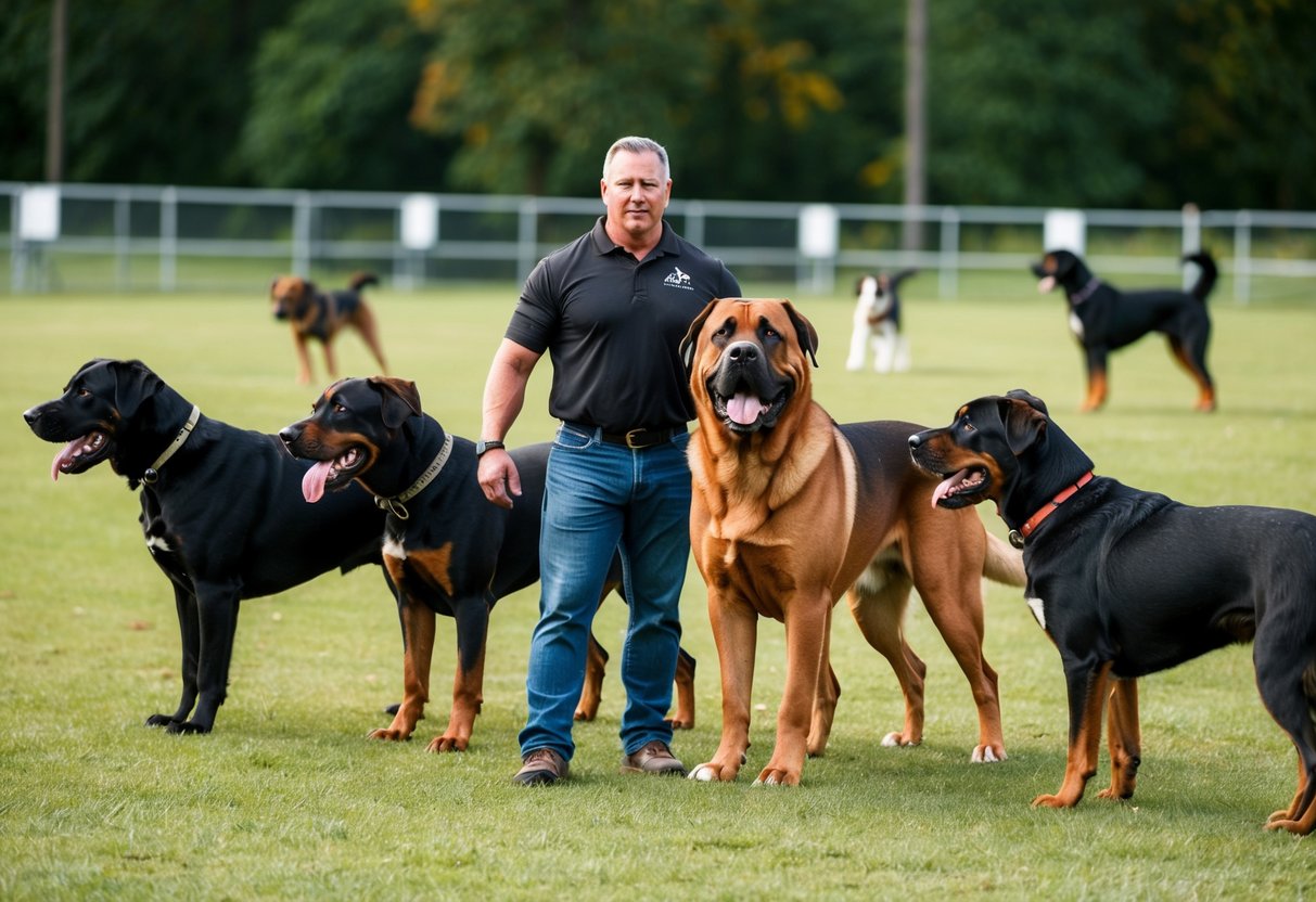 A large, powerful dog stands confidently beside its trainer, surrounded by other dogs of similar breeds. The dogs are engaged in socialization and obedience training in a spacious, fenced-in area