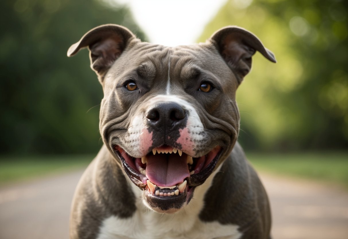A snarling pit bull bares its teeth, eyes narrowed, ears pinned back