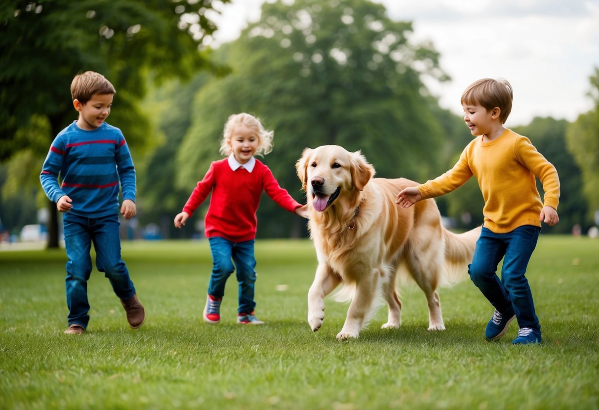 A golden retriever playing with children in a park