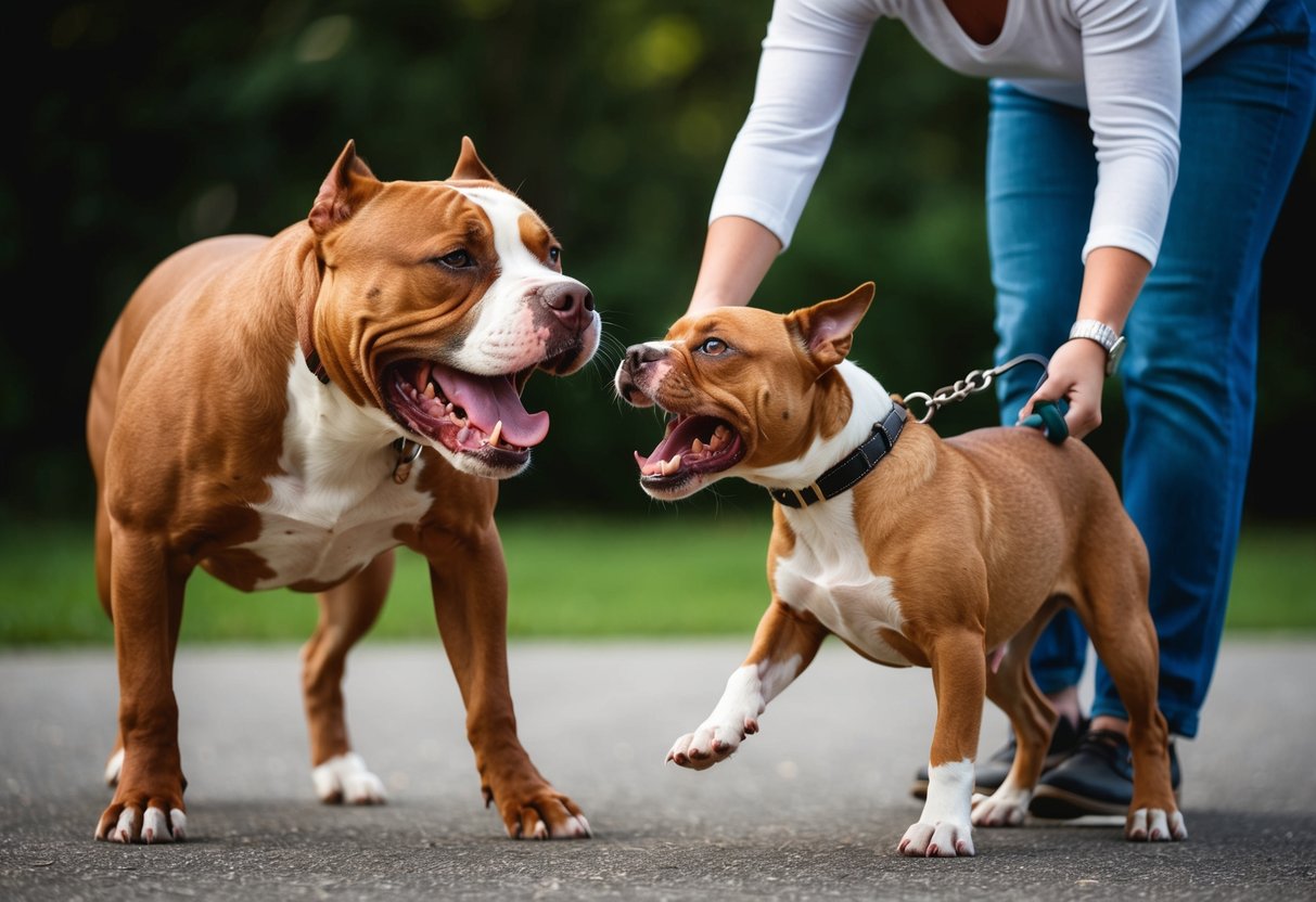 A snarling pit bull lunges at a smaller dog, teeth bared, while a person tries to pull them apart