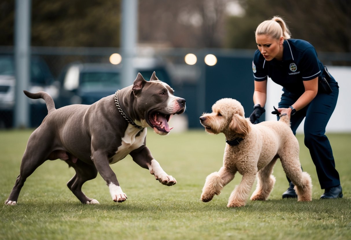 A snarling pit bull lunges at a cowering poodle, while a stern trainer intervenes with a firm command
