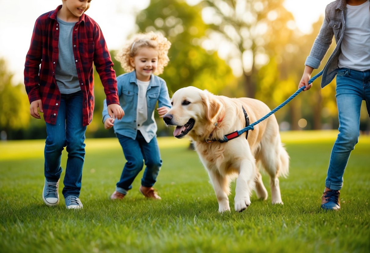 A Golden Retriever playing with children in a park