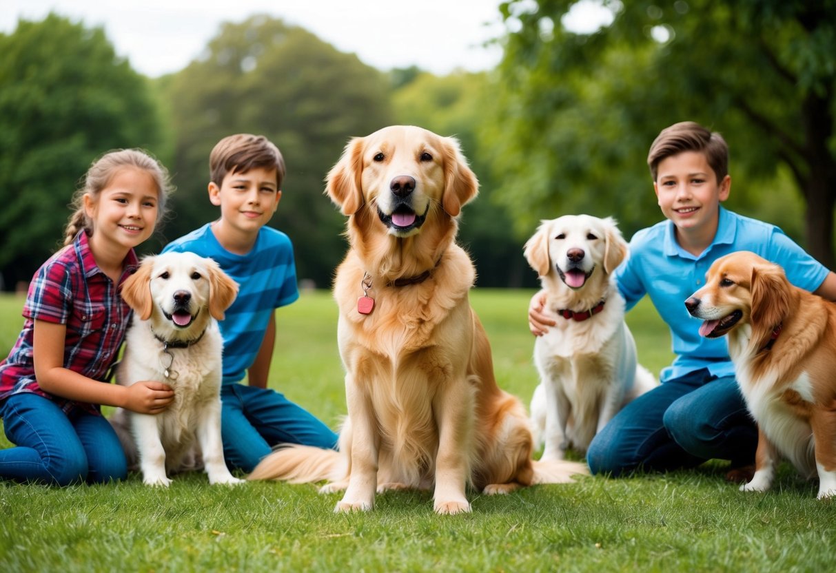 A calm Golden Retriever sitting peacefully in a park, surrounded by friendly children and other dogs