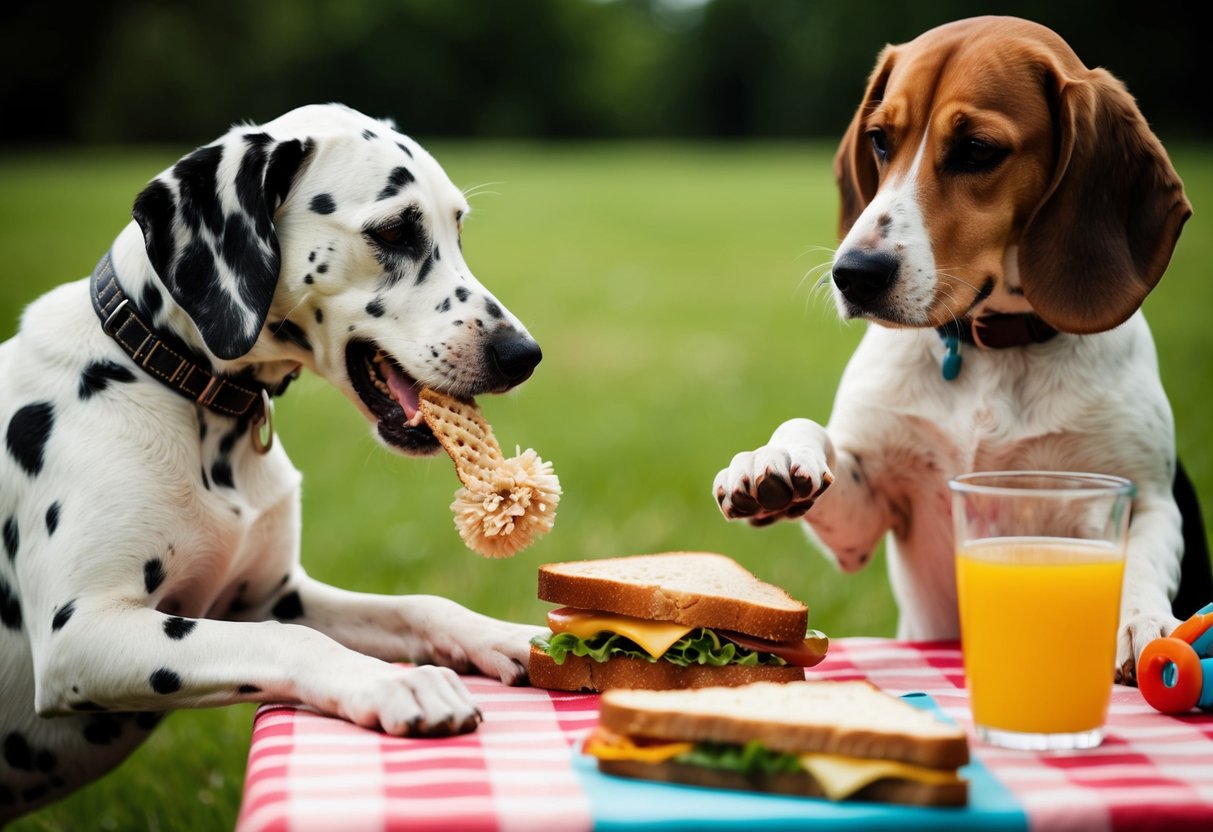 A mischievous Dalmatian steals a chew toy from a poodle, while a beagle snatches a sandwich from a picnic table