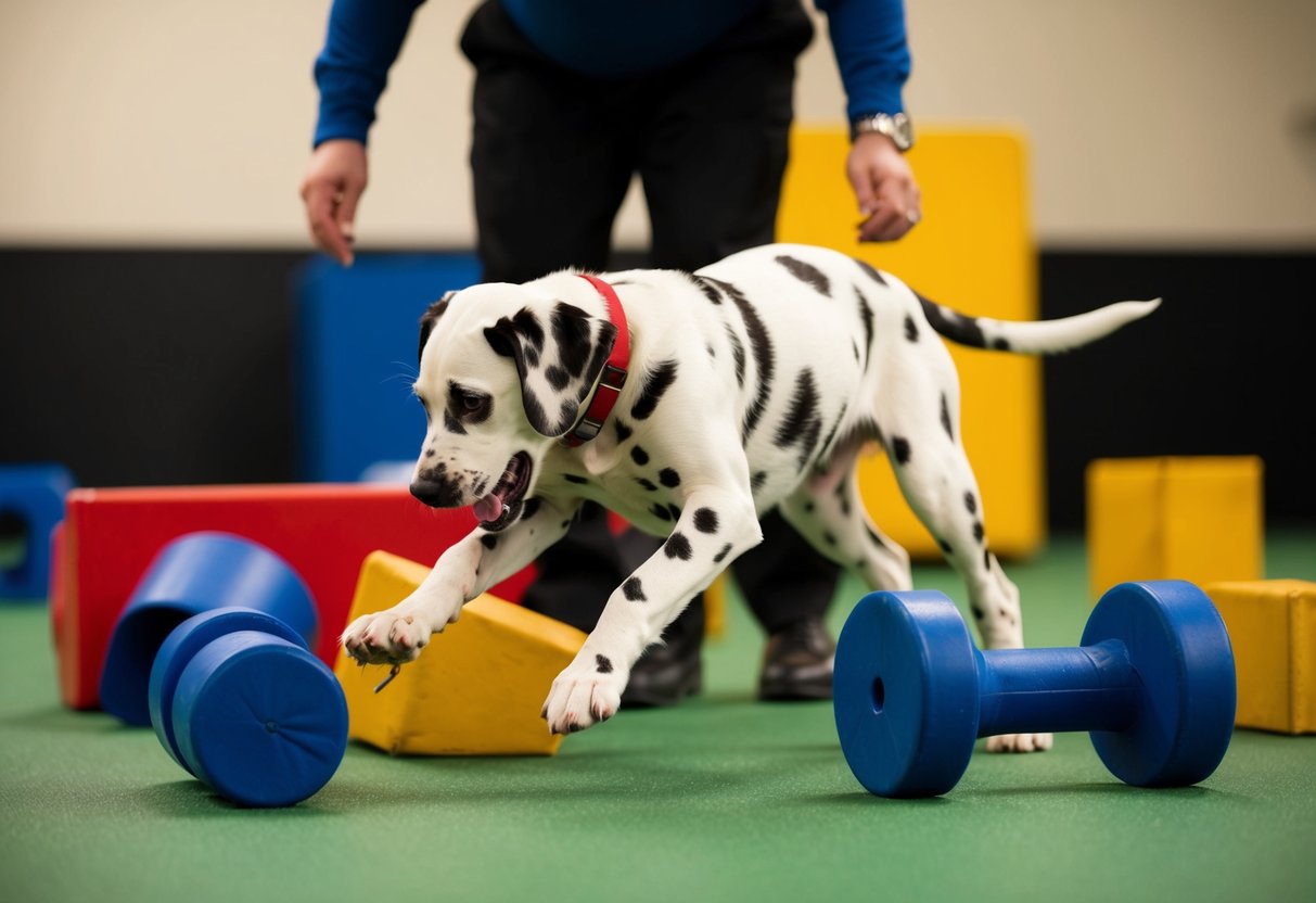 A mischievous Dalmatian pup causing chaos in a training class, knocking over obstacles and playfully nipping at the heels of the instructor