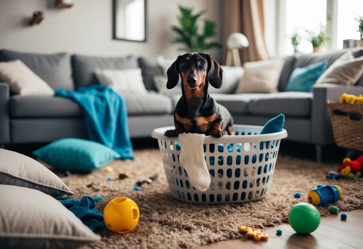 A mischievous Dachshund steals a sock from a laundry basket, surrounded by torn pillows and scattered toys in a chaotic living room