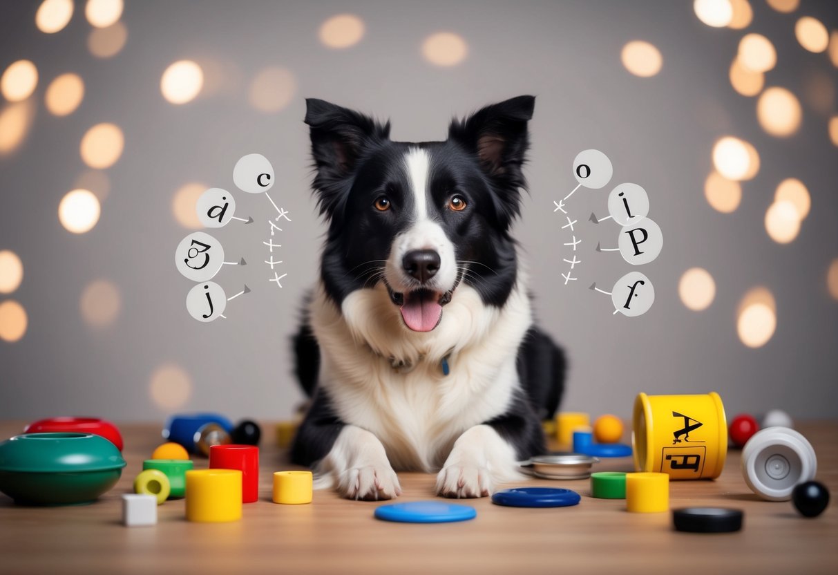 A border collie surrounded by various objects, demonstrating understanding of multiple verbal commands