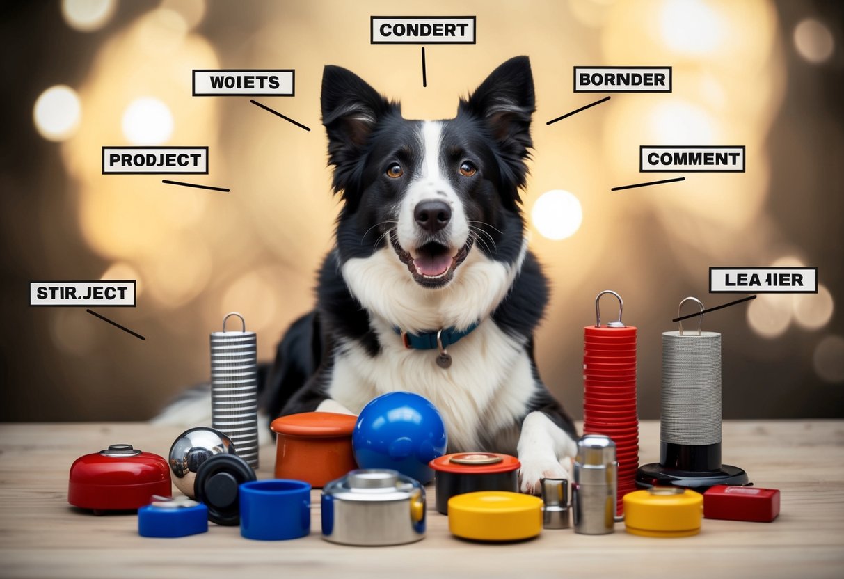 A border collie surrounded by various objects, each labeled with a different word, eagerly responding to commands