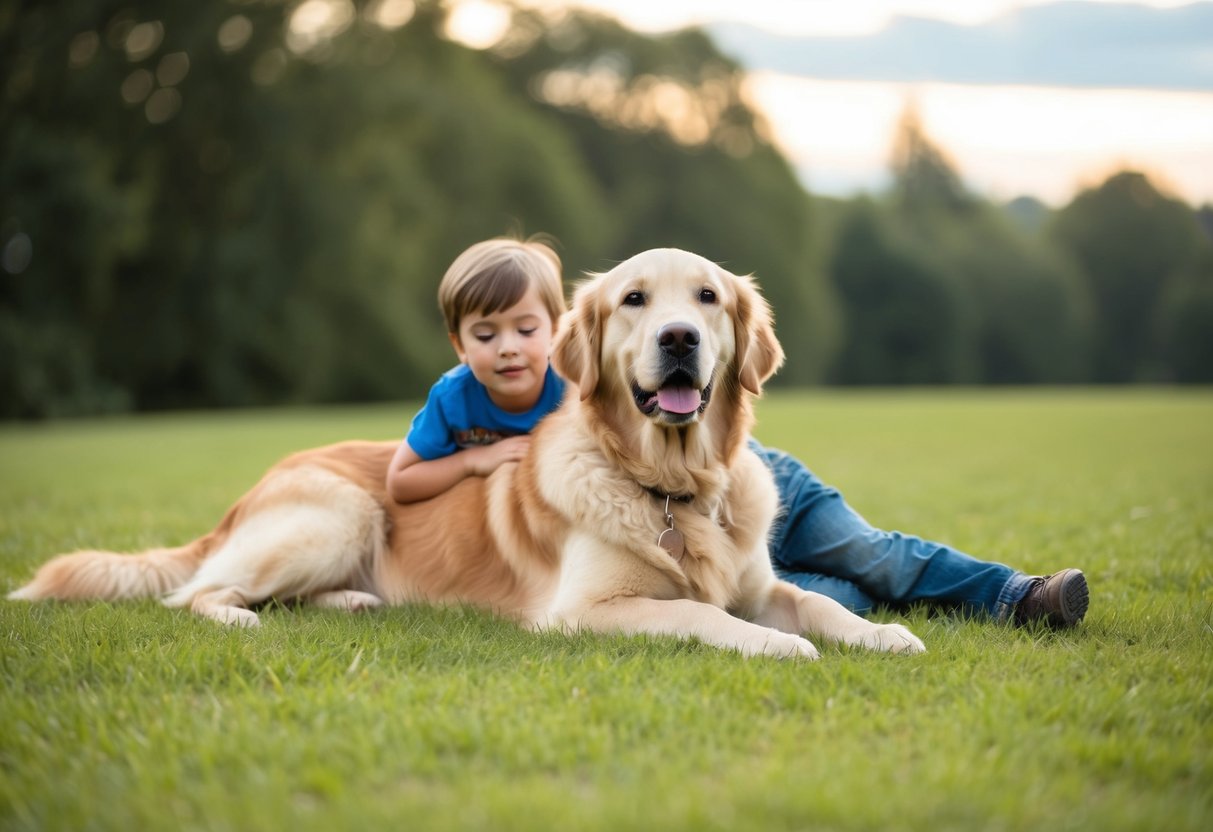 A golden retriever lying peacefully next to a child
