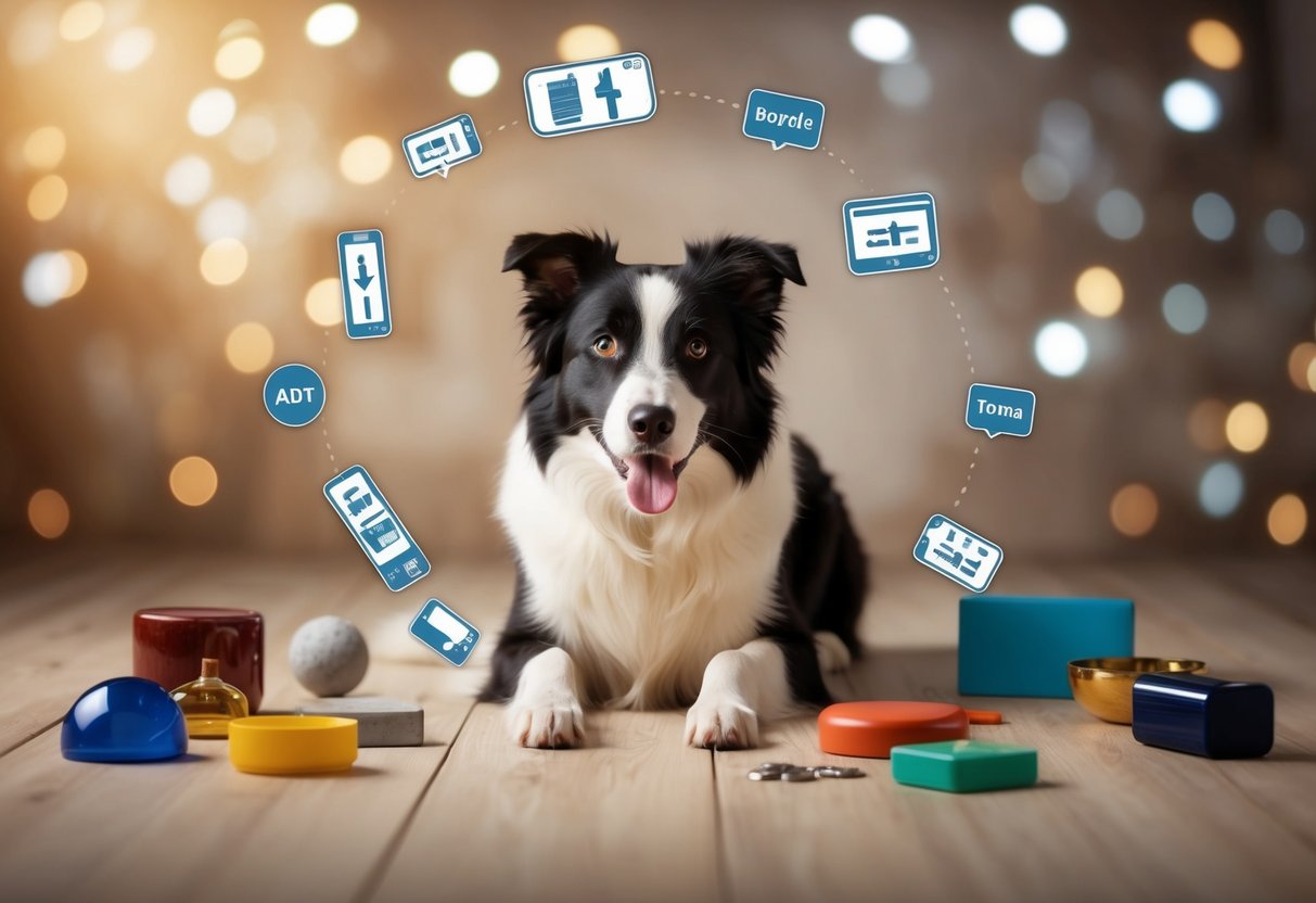A border collie surrounded by various objects, responding to commands in multiple languages