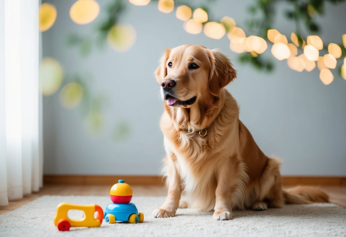 A calm and friendly Golden Retriever sitting peacefully next to a child's toy, surrounded by a peaceful and harmonious environment