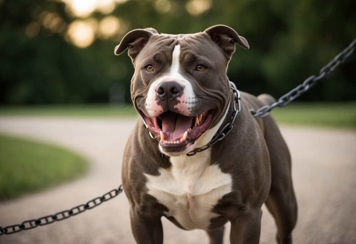 A snarling, muscular pit bull stands on a chain, teeth bared and fur bristling, ready to defend its territory