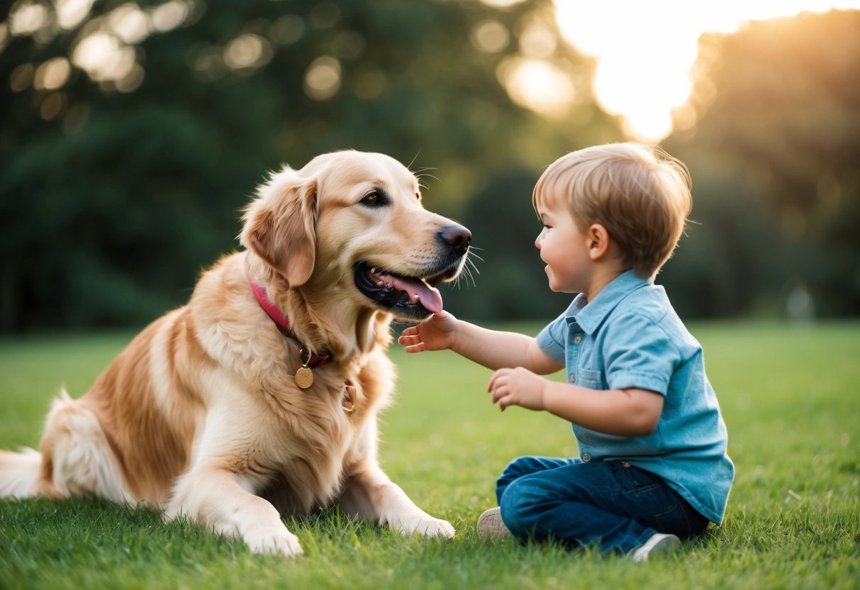 A golden retriever gently playing with a child, wagging its tail and showing no signs of aggression