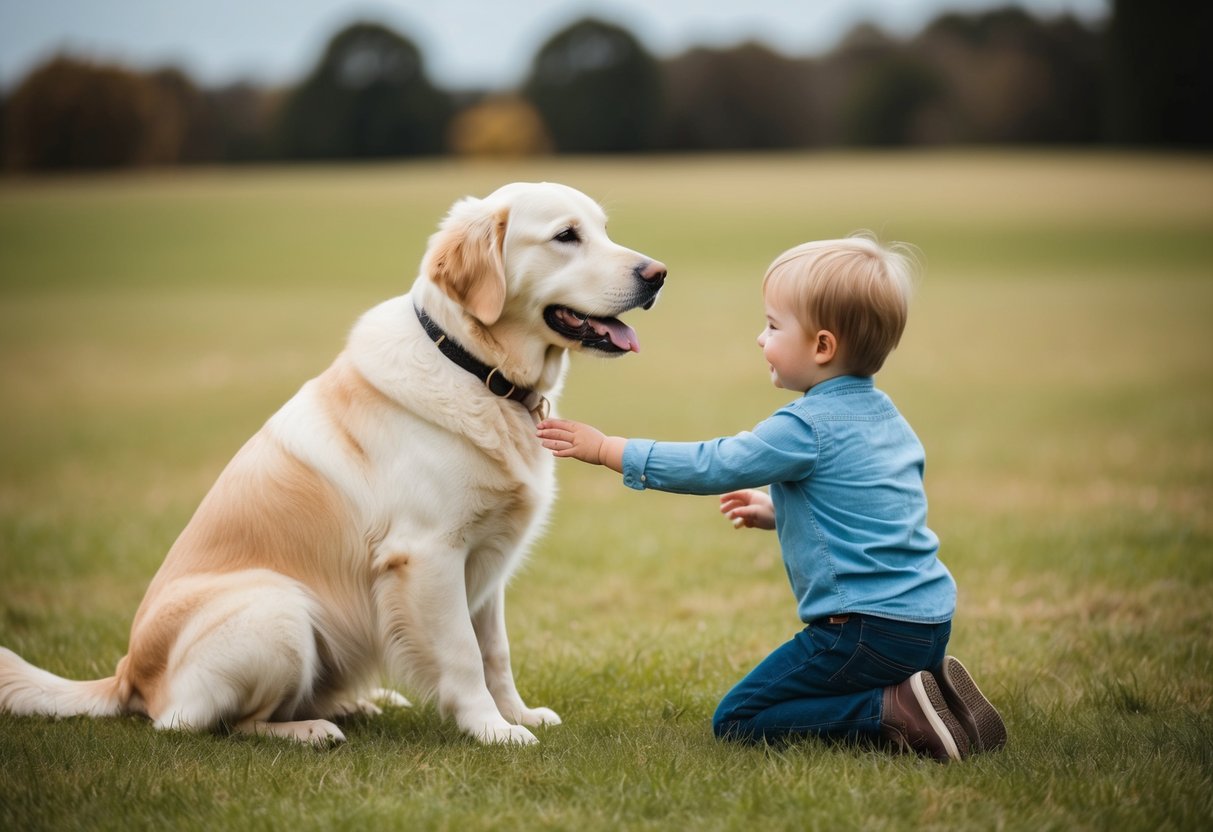 A calm and friendly dog breed, such as a Golden Retriever or Labrador, interacts peacefully with a child, showing no signs of aggression