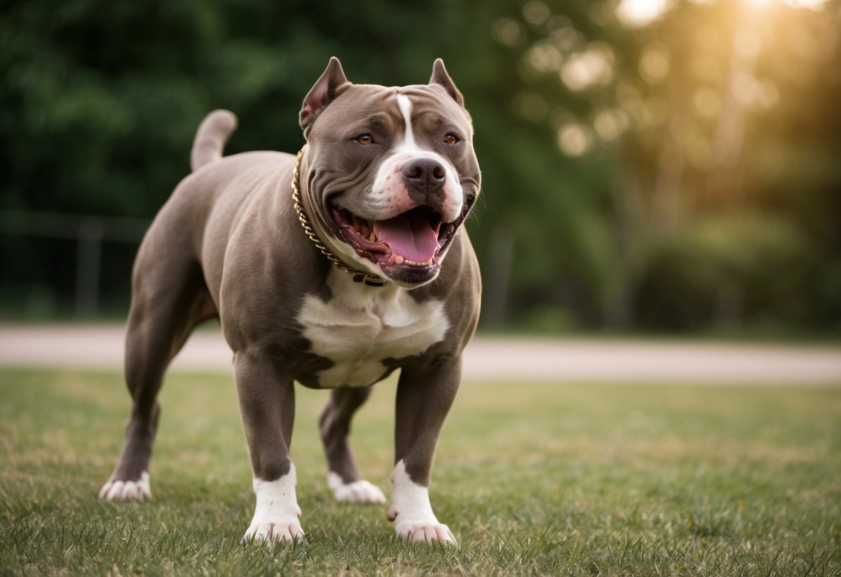 A snarling, muscular pit bull stands defiantly, teeth bared and fur bristling, ready to defend its territory