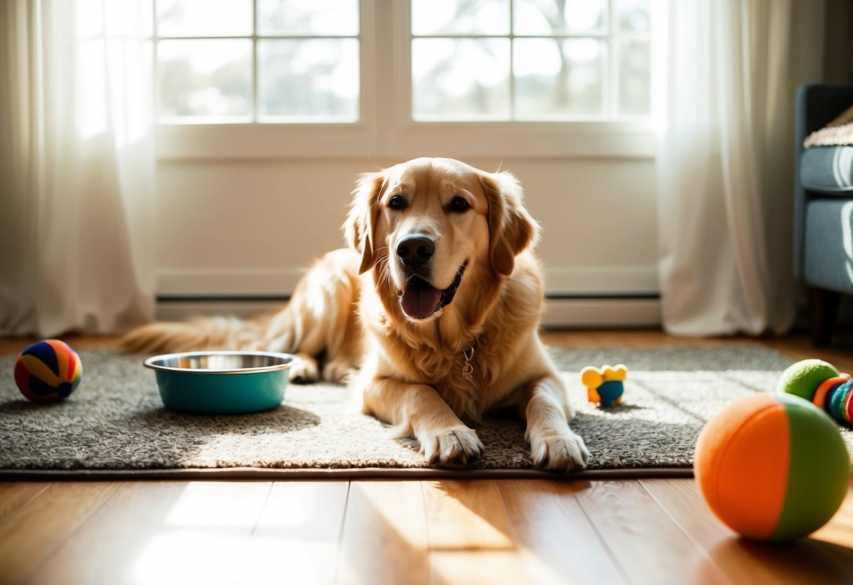 A golden retriever lounges on a cozy rug, surrounded by toys and a water bowl, as sunlight streams through a window