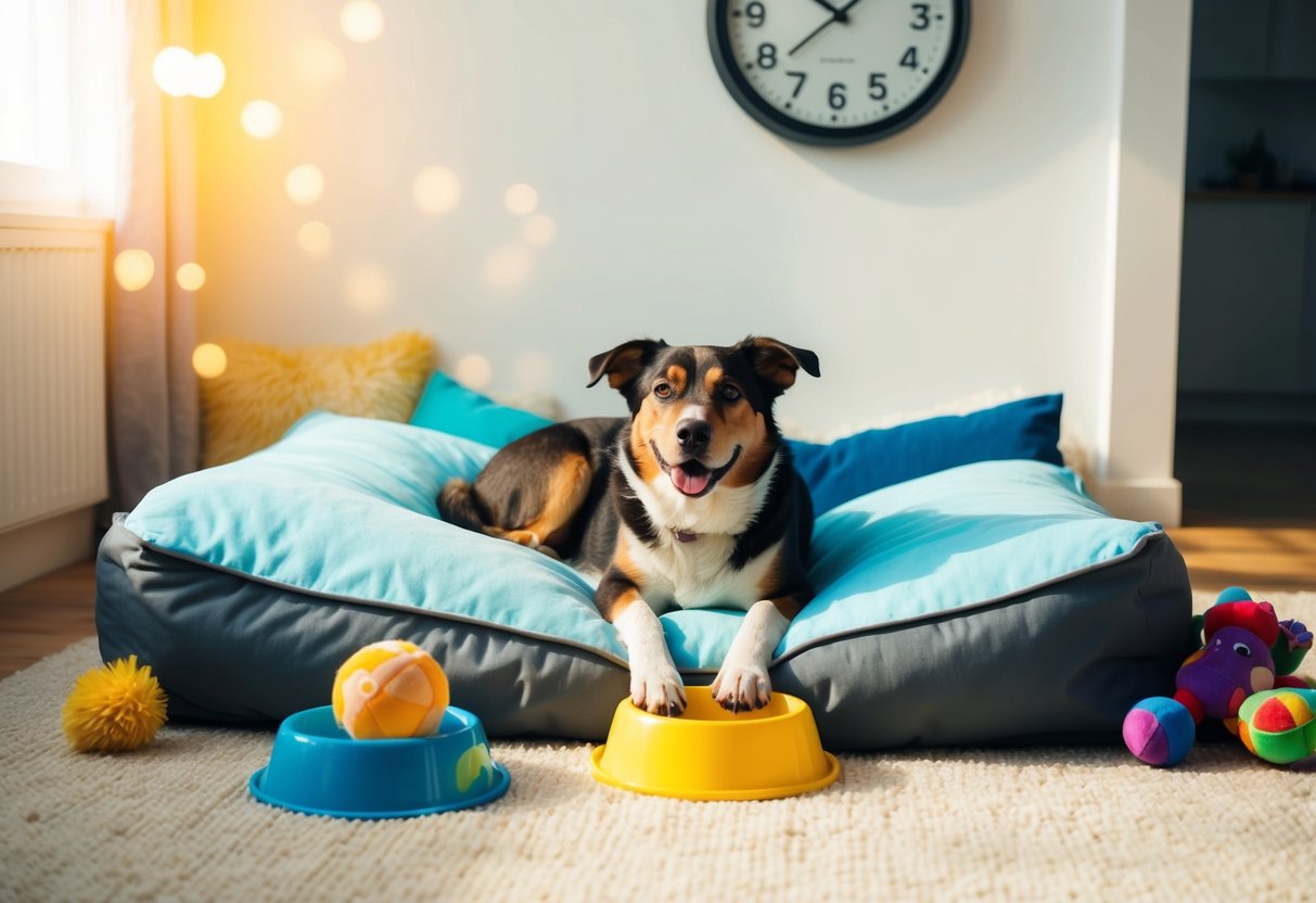 A contented dog lying on a cozy bed in a sunlit room, surrounded by toys and a filled water bowl, with a clock on the wall showing 8 hours until the owner's return