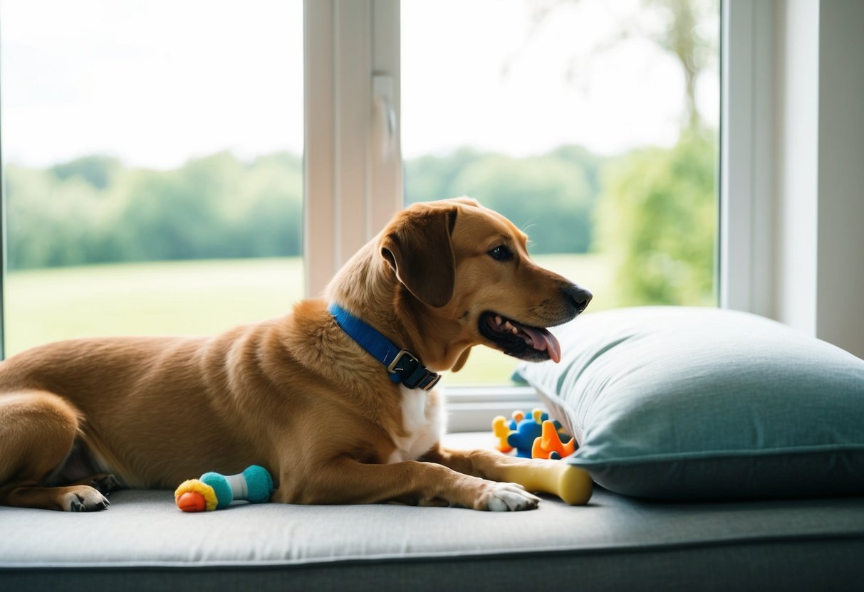 A calm and contented dog lying on a comfortable bed with toys and a chew bone, looking out a window at a serene outdoor scene