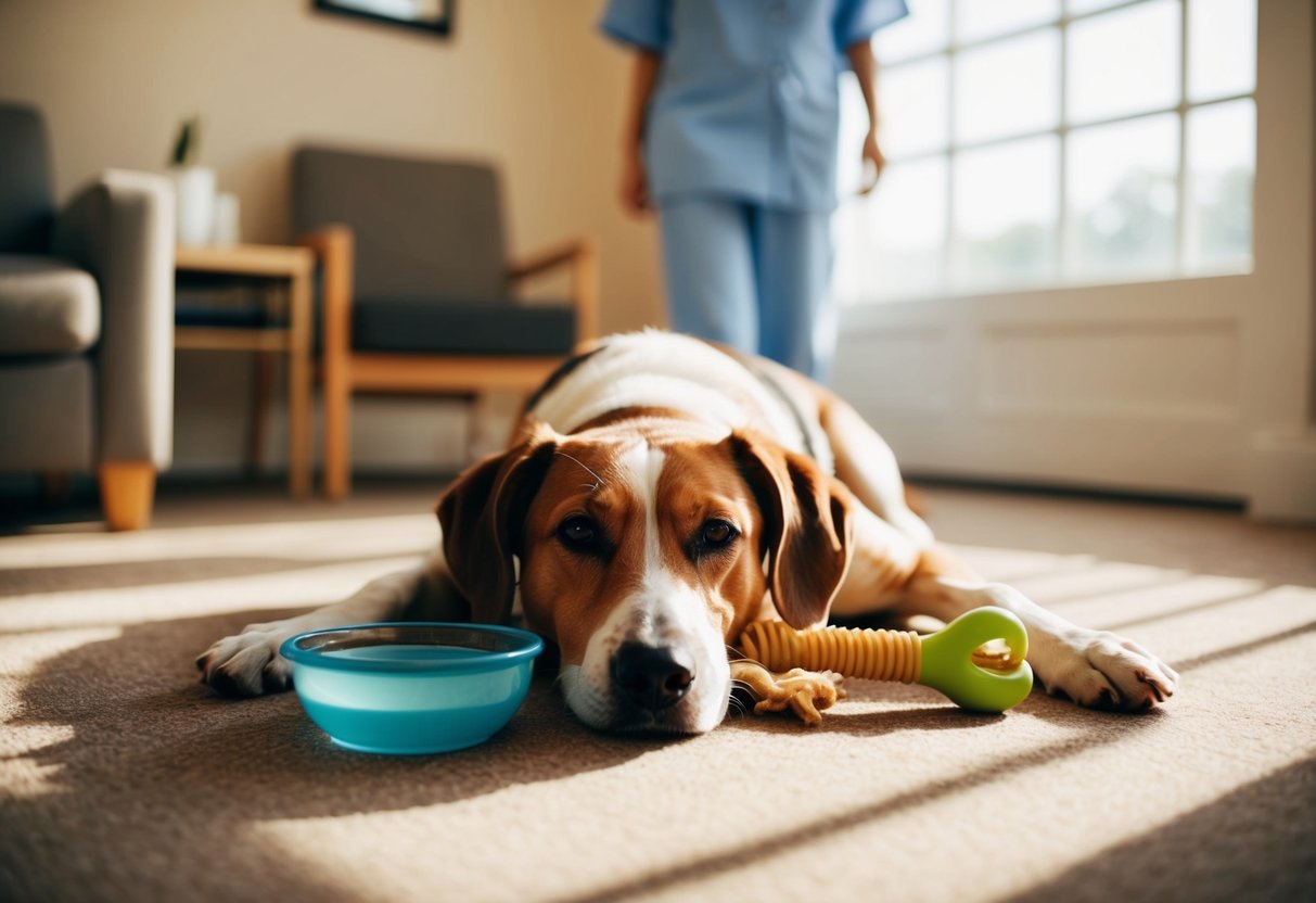 A dog lying contentedly in a cozy, sunlit room with a bowl of water and a chew toy, while a caretaker's shadow is seen in the background