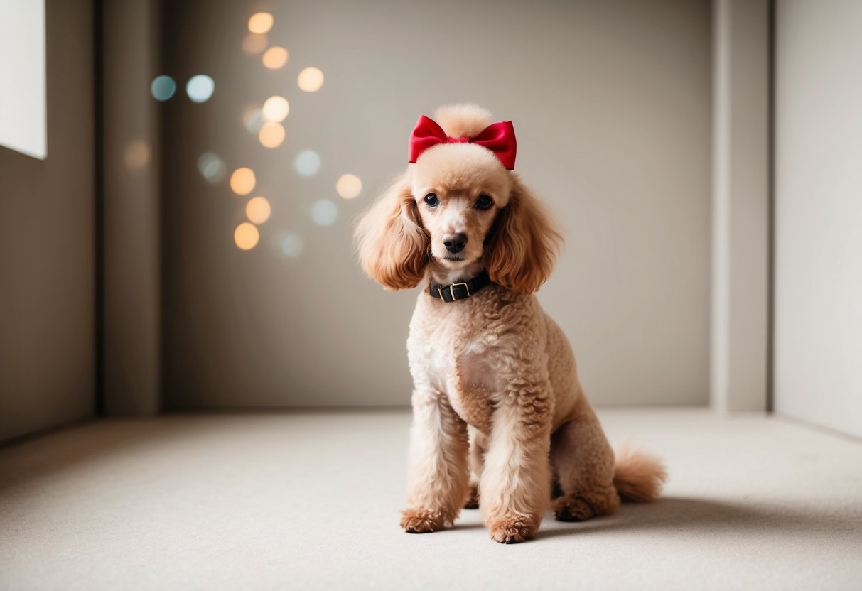 A small, fluffy poodle with a red bow sits in a silent, soundproof room