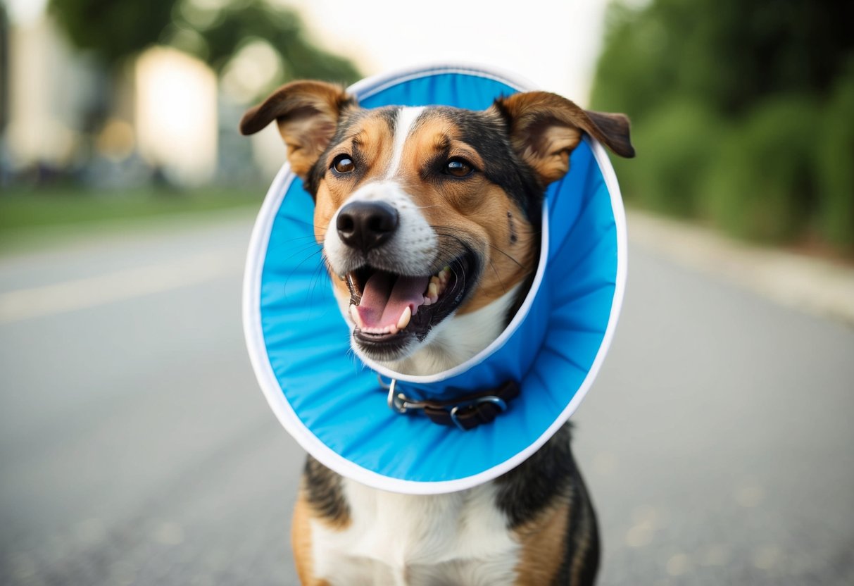 A dog with a medical cone around its neck, looking frustrated as it tries to bark but is unable to make any sound