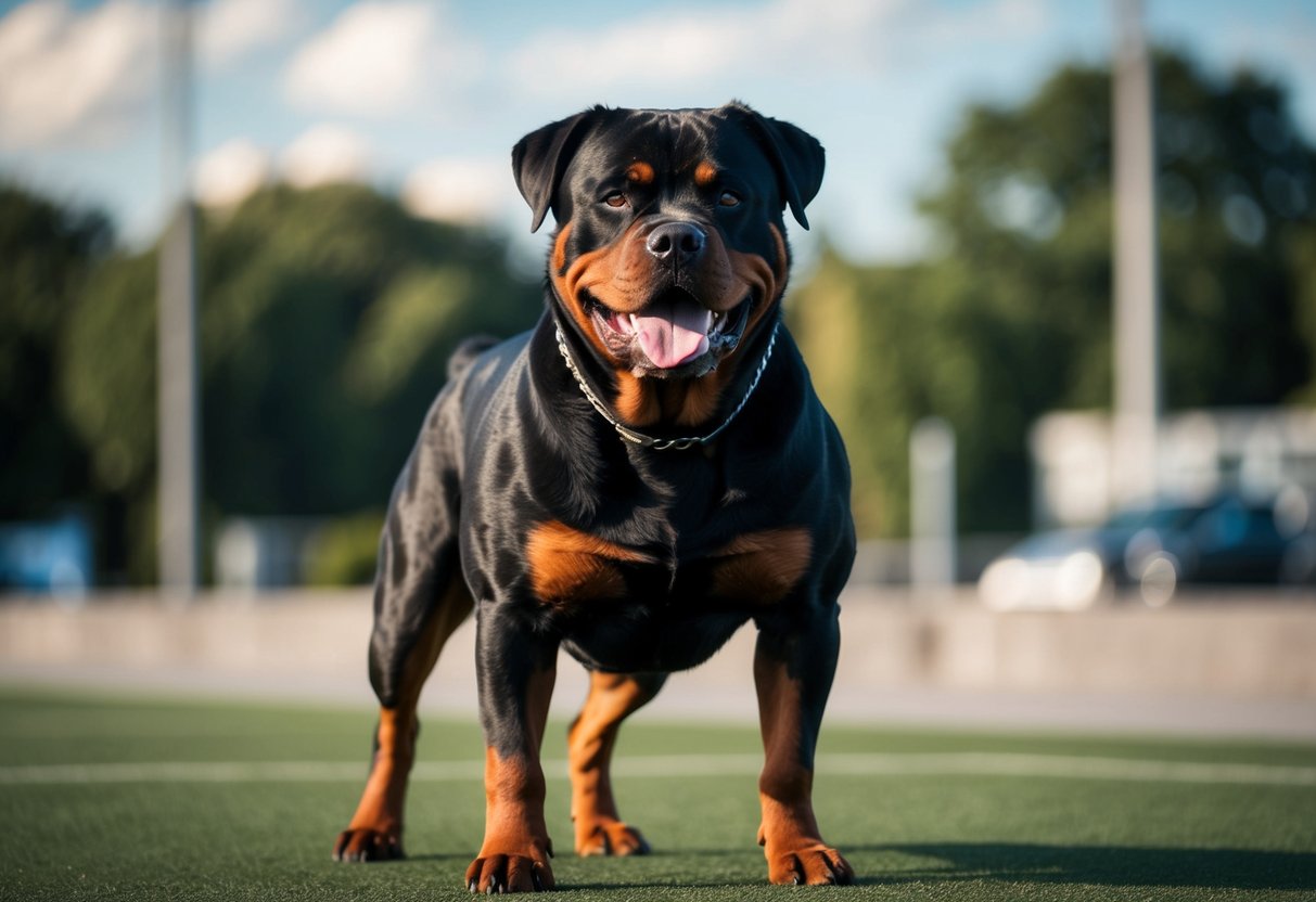 A muscular Rottweiler stands confidently, with a powerful build and intense expression, exuding strength and toughness
