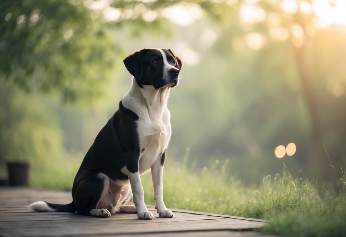A serene, silent dog sitting peacefully in a tranquil setting, surrounded by calming elements such as nature or soft lighting