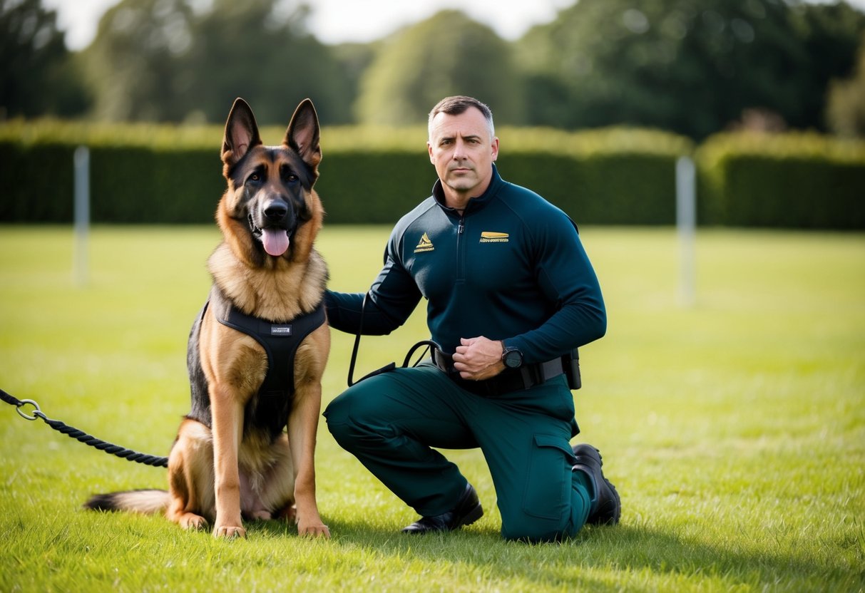 A German Shepherd standing proudly next to its handler, displaying unwavering loyalty and focus during a rigorous obedience training session