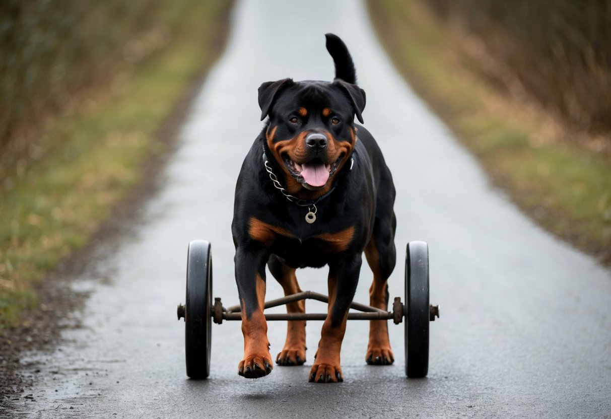 A muscular Rottweiler pulls a heavy cart with determination