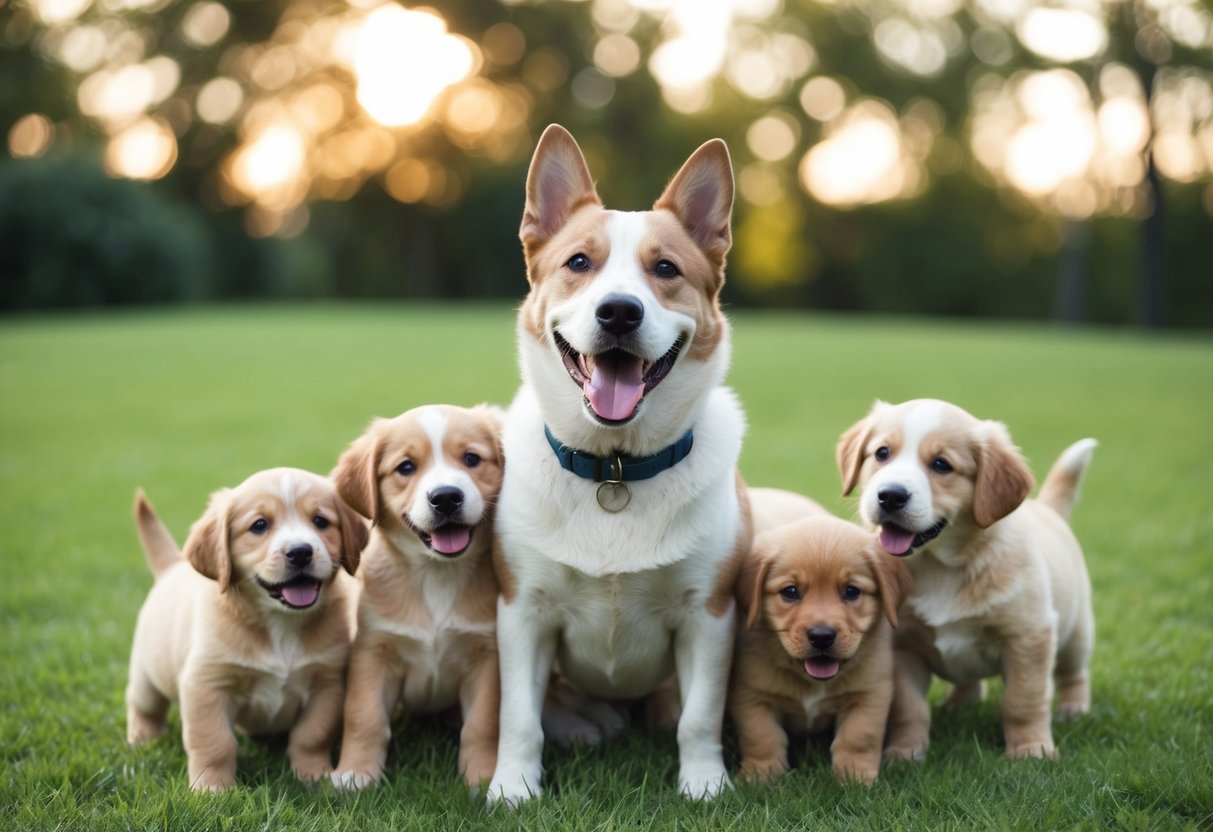 A smiling, wagging dog surrounded by playful puppies