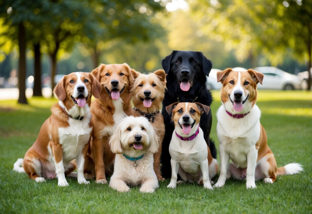 A group of friendly and relaxed dogs of various breeds mingling peacefully together in a park setting