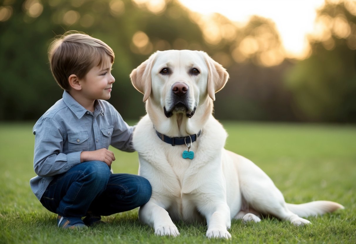 A calm and friendly Labrador retriever sitting peacefully next to a child, showing its gentle temperament and lack of aggression