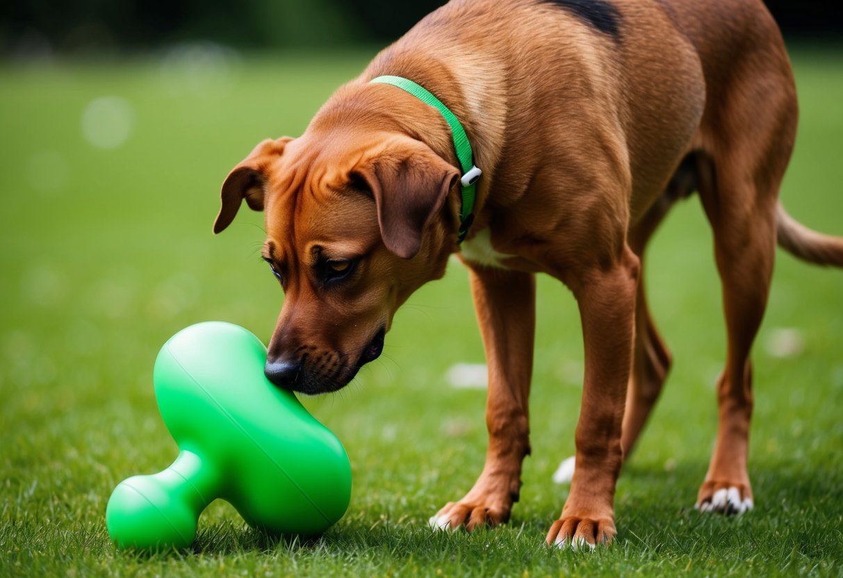 A brown dog sniffs a green toy and recoils