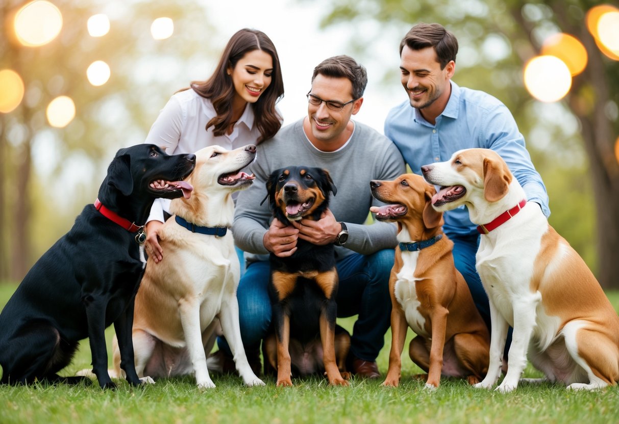A family surrounded by friendly, non-aggressive dogs, interacting happily with each other