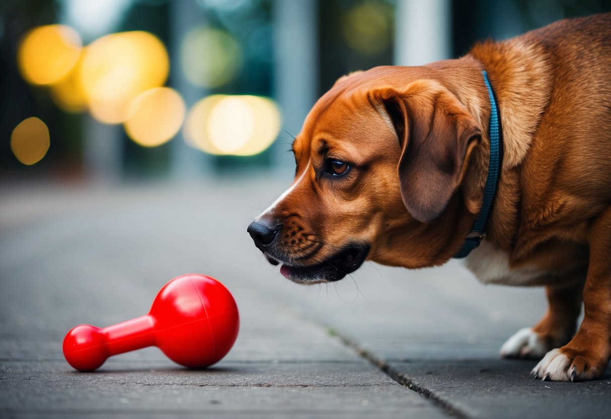 A brown dog sniffs at a red toy, wrinkling its nose in distaste