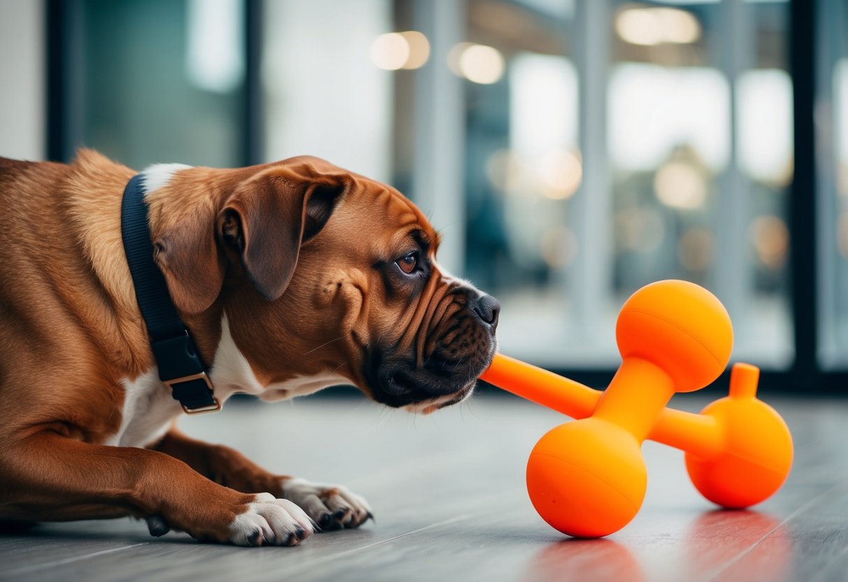A brown dog with a wrinkled nose sniffs at a bright orange toy, turning away in distaste