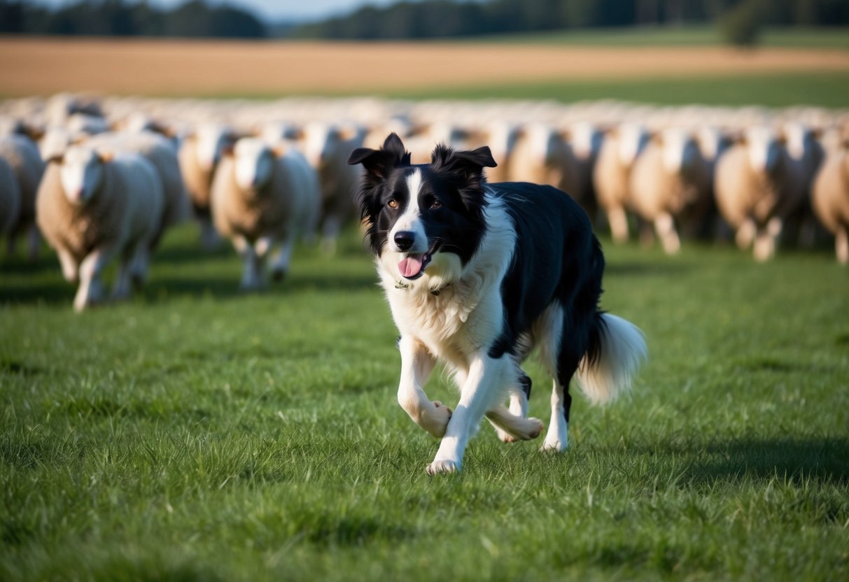 A border collie herding sheep in a field