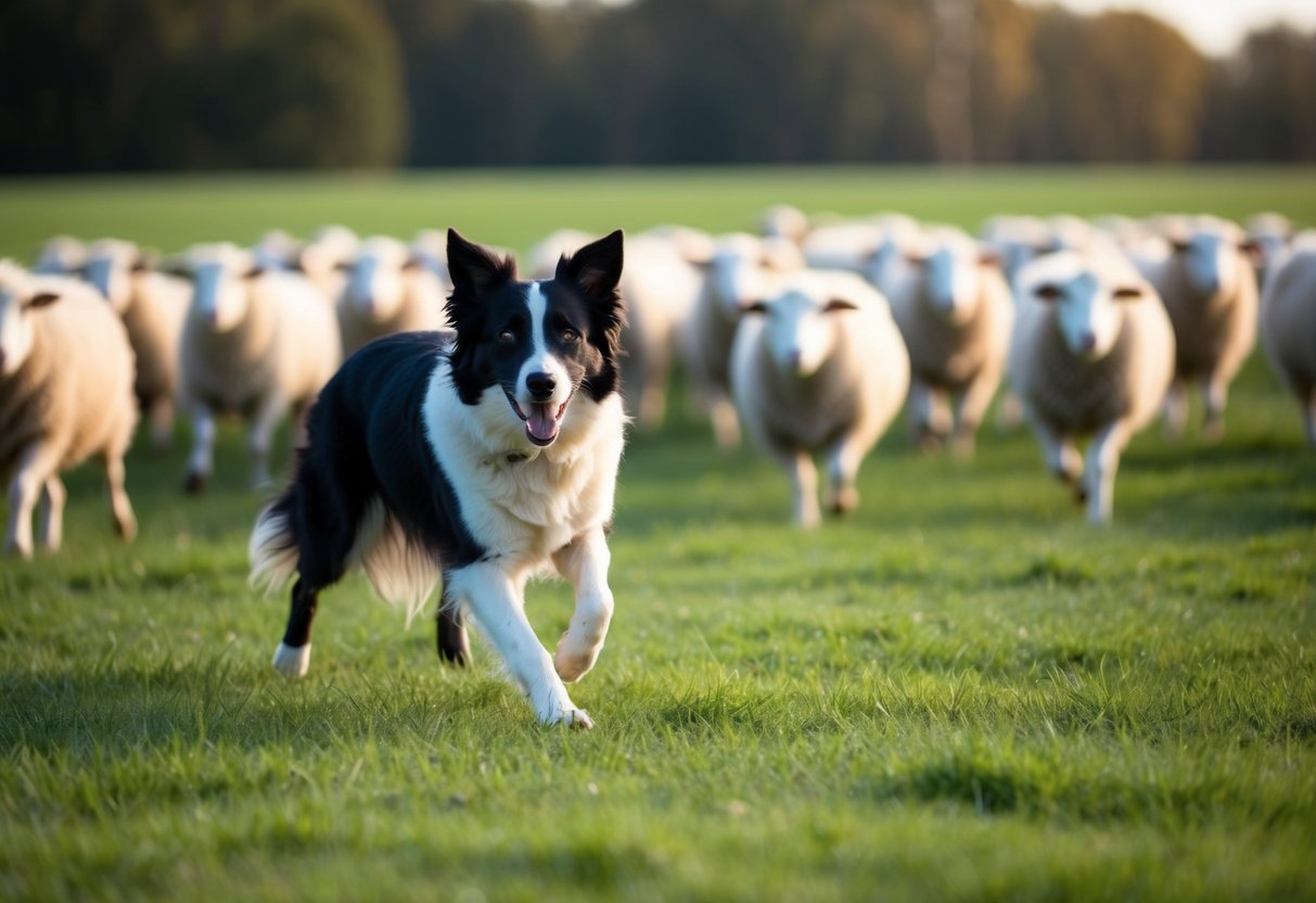 A border collie herding sheep in a field, demonstrating its intelligence and training abilities