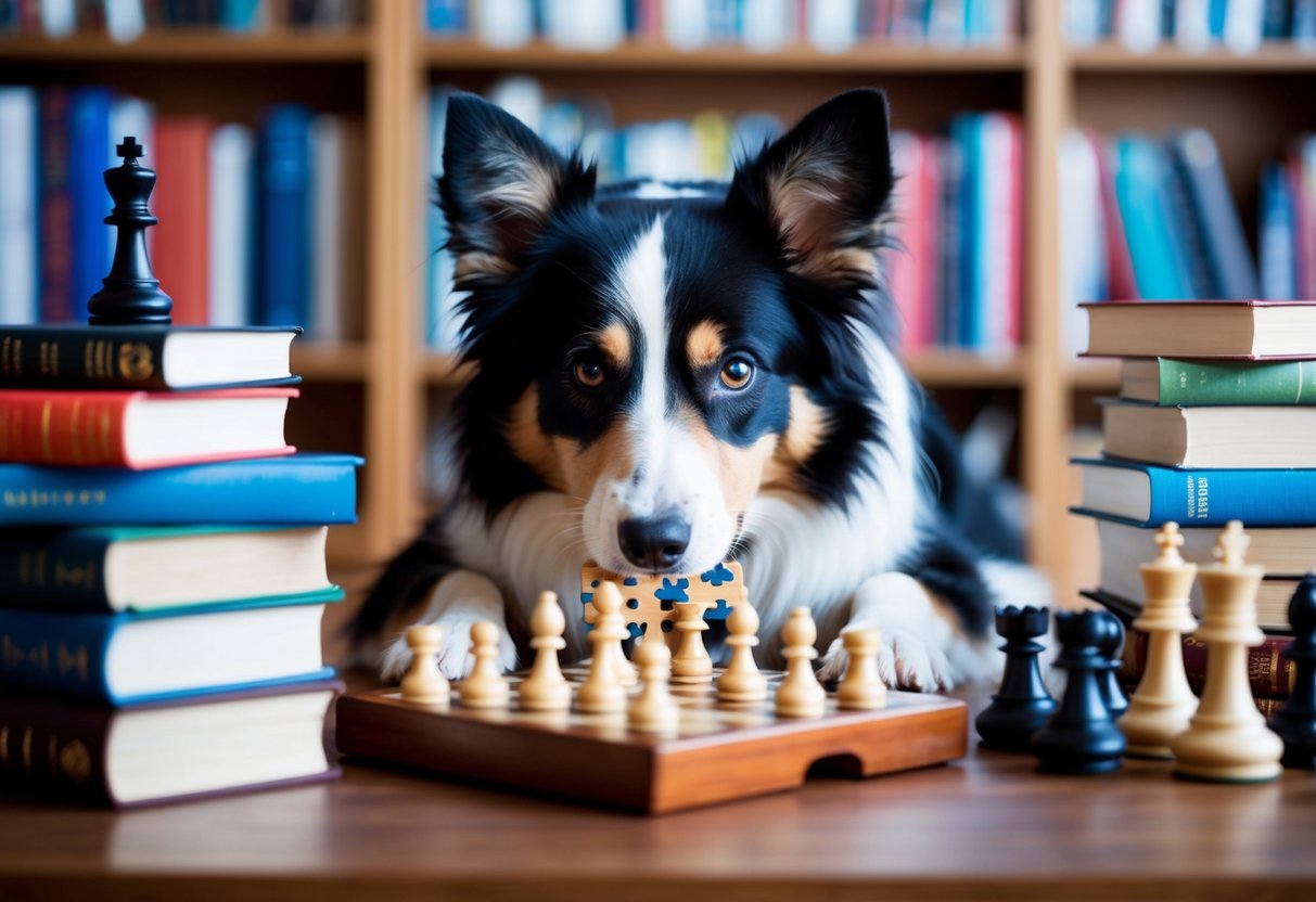 A border collie solving a puzzle toy while surrounded by books and a chess board