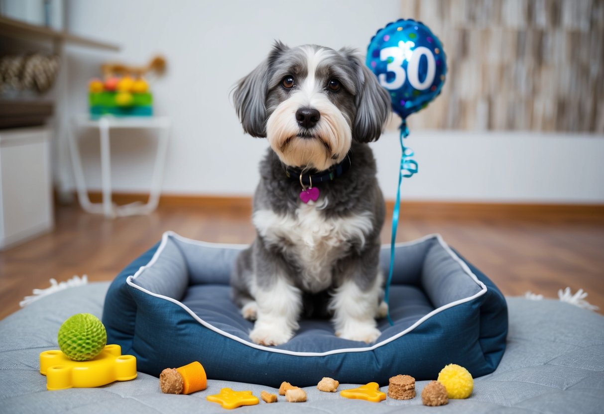 A gray-furred dog with a white snout and cloudy eyes, surrounded by toys and treats, sits on a cushioned bed with a "30" balloon tied to its collar