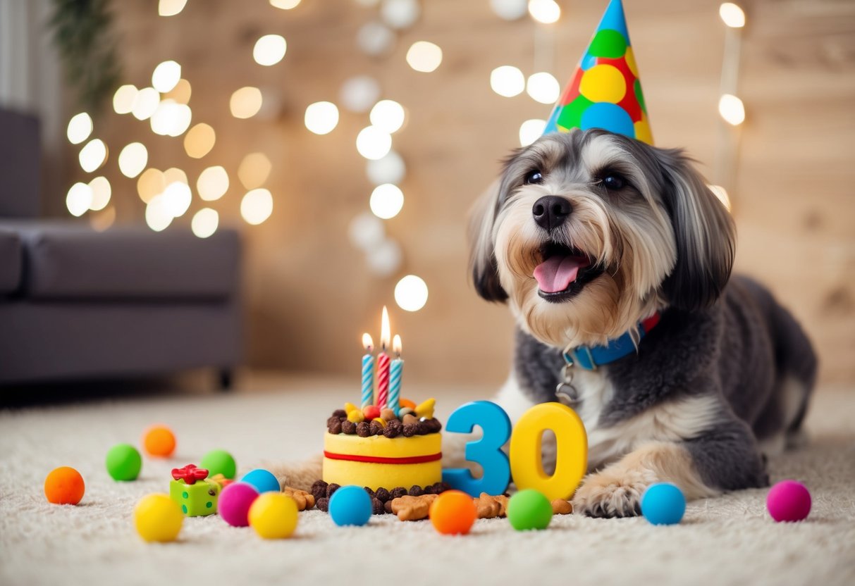A wise, gray-muzzled dog named Bobi, surrounded by toys and treats, celebrates his 30th birthday with a joyful bark