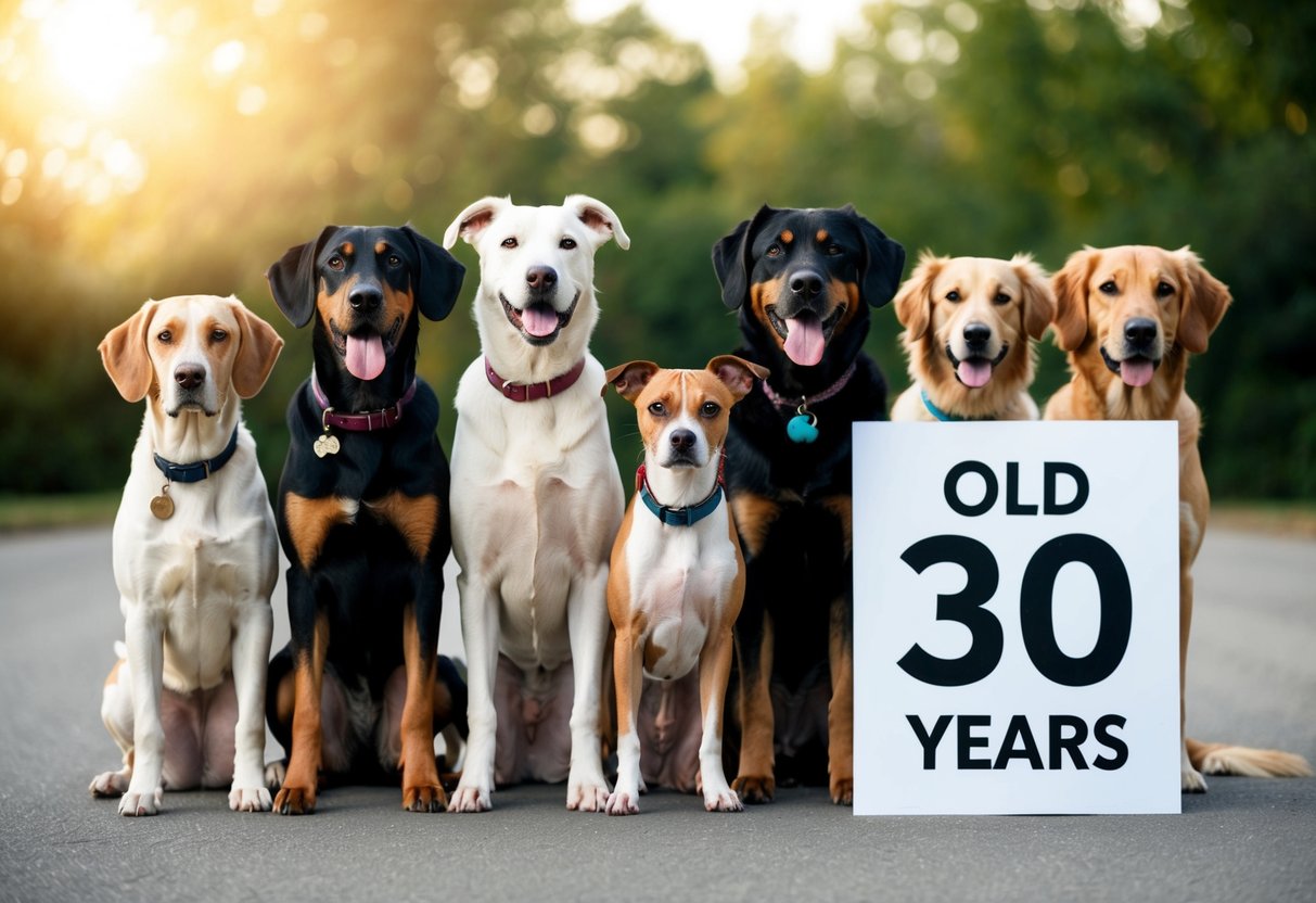 A group of dogs of various breeds standing side by side, with a large sign next to one of them indicating that it is 30 years old